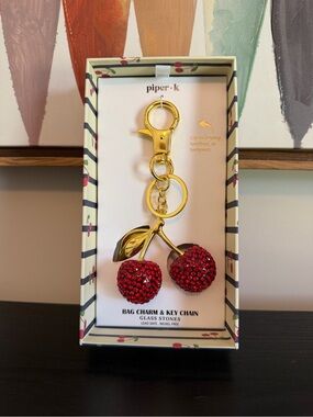 NIB Piper K Rhinestone Cherry Bag Charm Keychain Gold Red Glass Stones Y2K Style